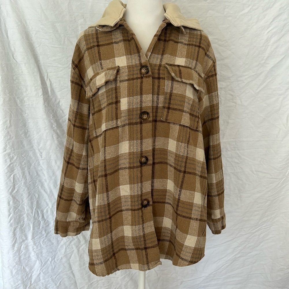 Heavy Tan Plaid Lined Shirt Jacket with Hood Sz M